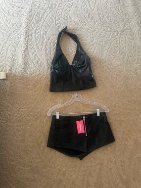 Black Leather Halter Top & Shorts Set